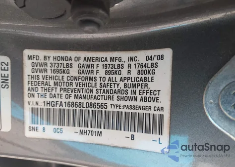 2008 Honda Civic Ex z USA, uszkodzony, nr VIN 1HGFA16868L086565